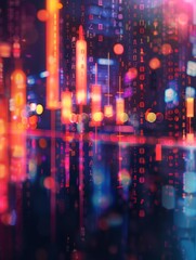 Fototapeta premium Abstract glowing big data forex candlestick chart on blurry city backdrop. Trade, technology, investment and analysis concept hyper realistic 