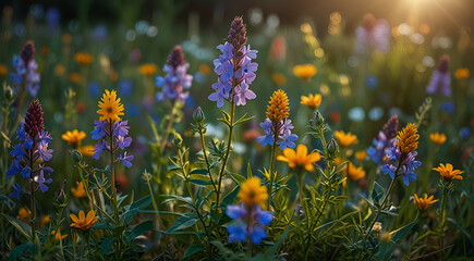 Vibrant Wildflower Meadow at Sunset with Purple and Orange Blooms