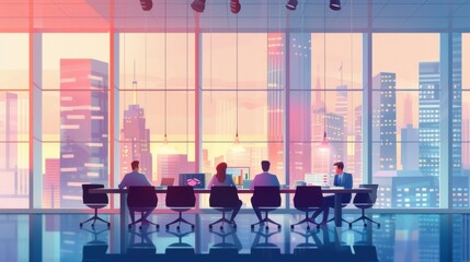 A digital illustration of a business meeting, professional executives in a modern office, analyzing financial charts, graphs on the table, cityscape background visible through large windows. Soft