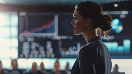 A realistic image of a businesswoman presenting a financial plan, large screen displaying complex financial data, corporate conference room setting, attentive audience. Bright office lighting,