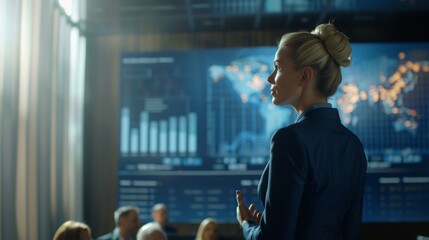A realistic image of a businesswoman presenting a financial plan, large screen displaying complex financial data, corporate conference room setting, attentive audience. Bright office lighting,