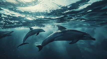Obraz premium In the ocean, dolphins swimming, Generative AI.