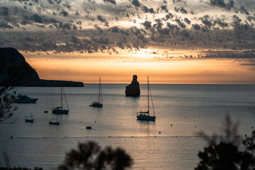 Sunset on Benirras beach in Ibiza in summer