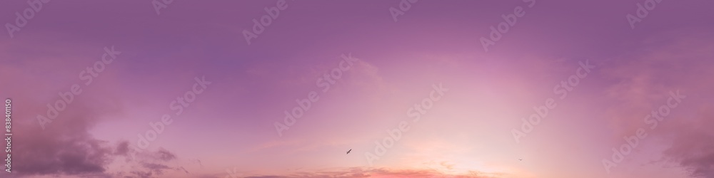 Wall mural 360 panorama of glowing sunset sky with bright pink cirrus clouds. hdr 360 seamless spherical panora