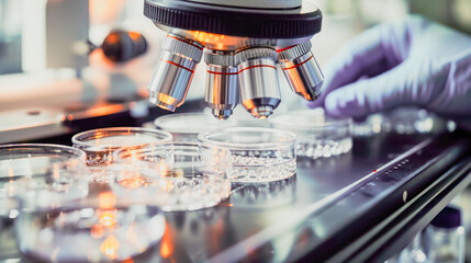 Microscope and Petri dishes in laboratory conditions. Useful for topics related to cutting-edge scientific research in reproductive technology, in vitro fertilization, and genetic engineering.