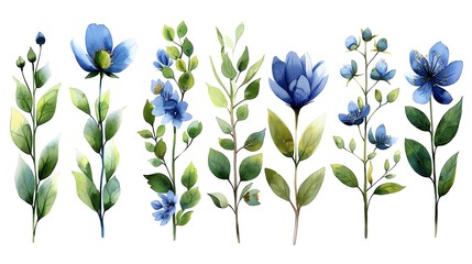 A set of watercolor blue and green floral elements. The set includes a variety of flowers, leaves, and stems.