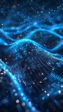 Abstract futuristic digital wave background, showcasing blue glowing particles and grid lines in a dynamic flowing pattern. 3D Illustration.