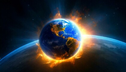 Obraz premium Global With Fire, Supernova Wave on Universal Space, Galaxy, Copy Space, Earth Dark Tone, Copy Space Background