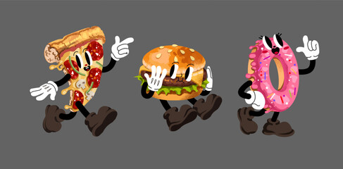 Cartoon characters fast food in retro style , doodle funny colorful characters, pizza, cheeseburger and donut with white gloves and boots . Vector illustration 