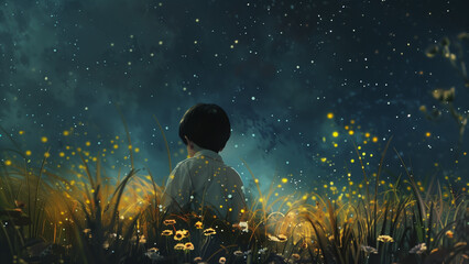 a young boy sitting on the grass looking at the night sky