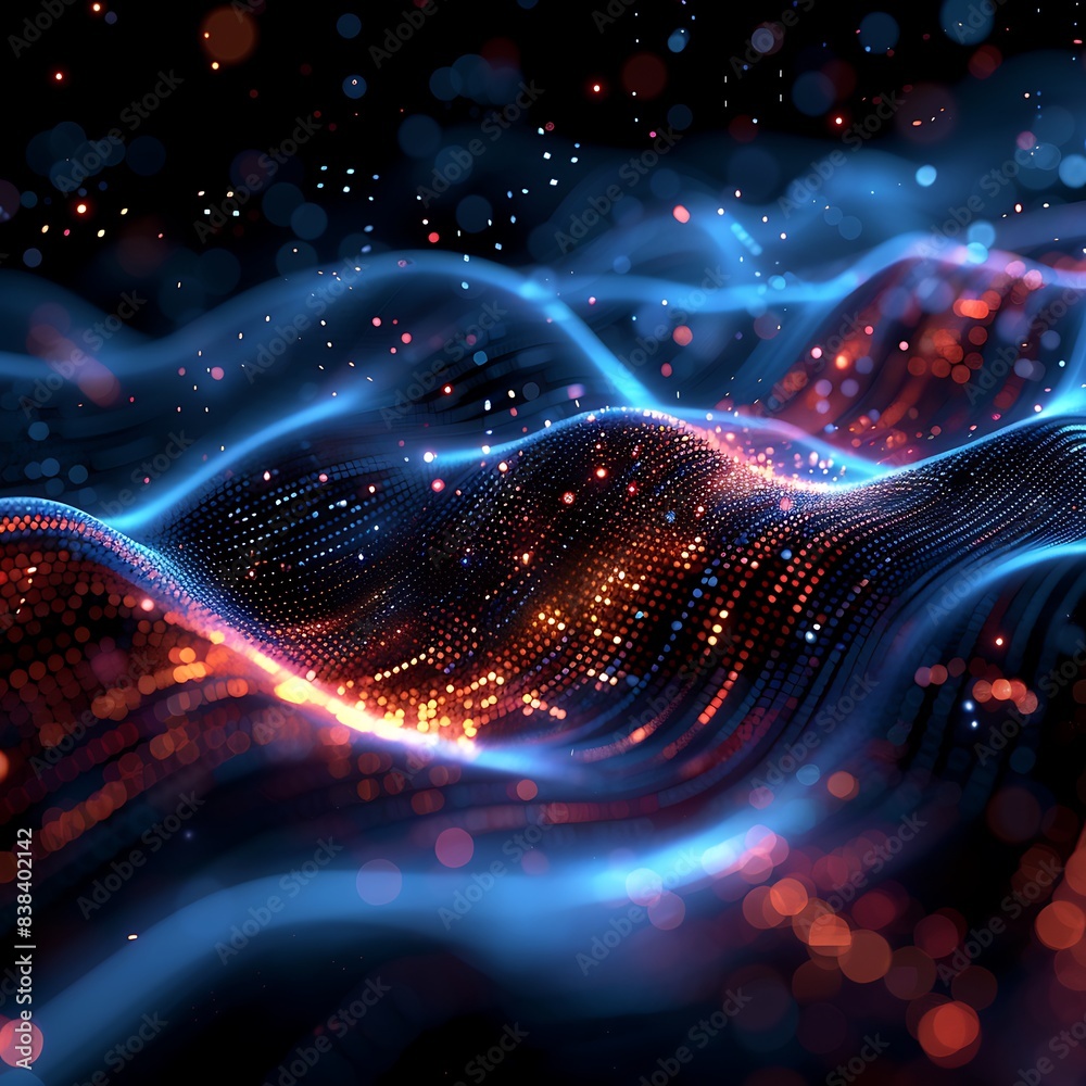 Wall mural Abstract glowing lines wave with vibrant lights in a futuristic digital concept, perfect for technology backgrounds and innovation themes. 3D Illustration.