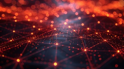 Obraz premium Abstract glowing red network grid with connecting dots and lines, representing digital data, communication, and technology. 3D Illustration.