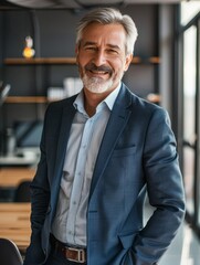 Fototapeta premium Confident Mature Business Leader: Smiling Middle-Aged Executive bank manager or investor, happy middle aged business man boss ceo standing in office, in Office Portrait hyper realistic 
