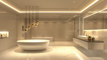 Sleek bathroom with coffered ceiling and pendant lighting