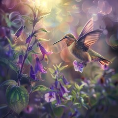 Naklejka premium Hummingbird flying to pick up nectar from a beautiful flower. Digital artwork Job ID: 2740d1ae-fe00-4304-9a33-e57638df2ac2