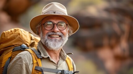 Joyful elderly Caucasian man with a backpack hiking, wearing a sun hat and glasses, in a rocky desert. - Powered by Adobe