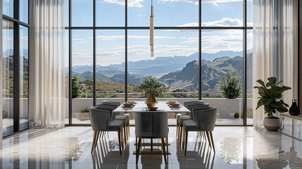 Sleek dining room with big windows and a stunning view