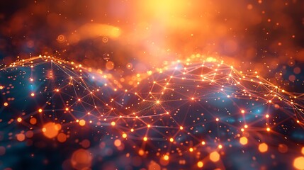 Obraz premium Abstract visualization of digital data with glowing orange and blue network connections, representing technology and innovation. 3D Illustration.