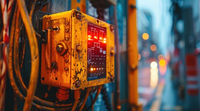 Rugged industrial control panel with glowing lights and wiring, set against a blurred urban background, showcasing technology in a harsh environment.