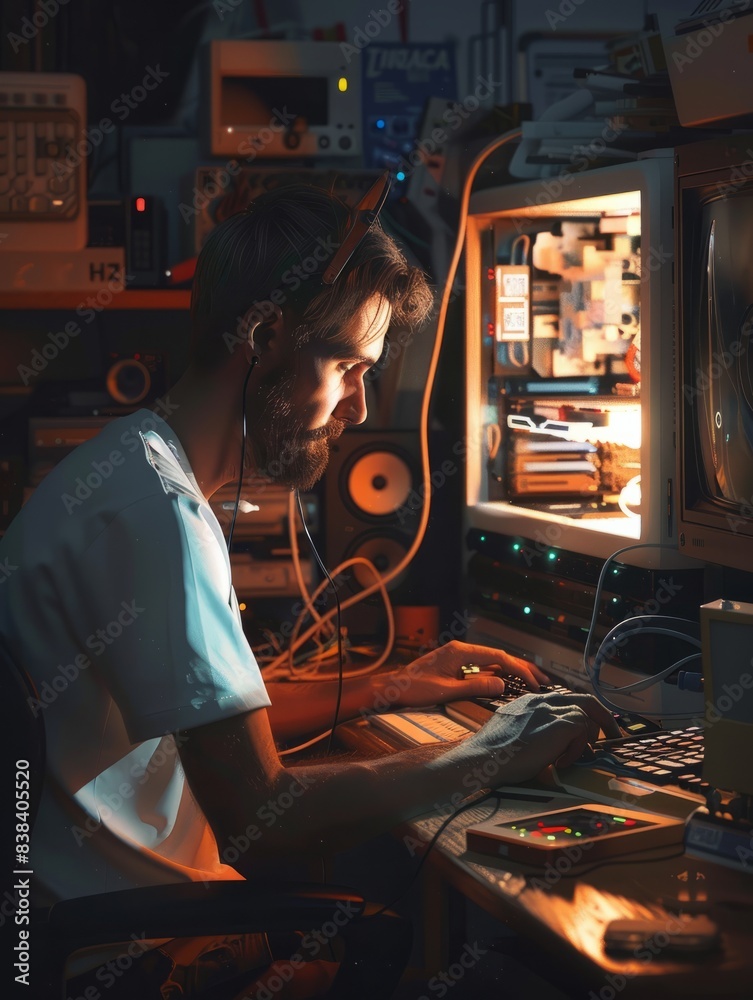 Poster man working on big computer service ai generated art hyper realistic