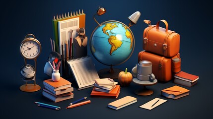 Vibrant back-to-school icons: bag, notebook, globe, books, clock & cap - 3d isolated renders for learning & online education banners.

