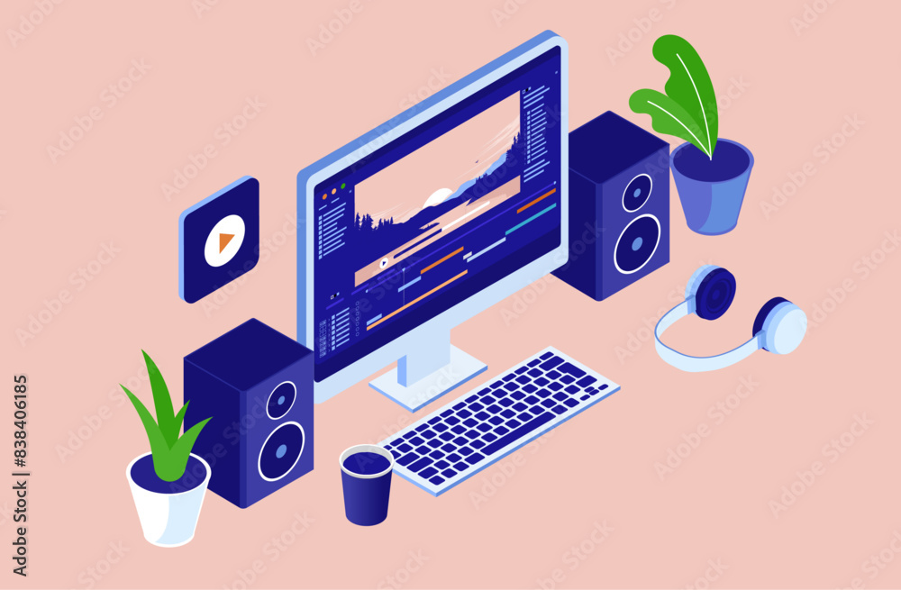 Poster video production and editing software on computer screen - isometric vector illustration of desktop 