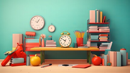 Colorful school supplies arranged on desk with back to school background - 3d render.

