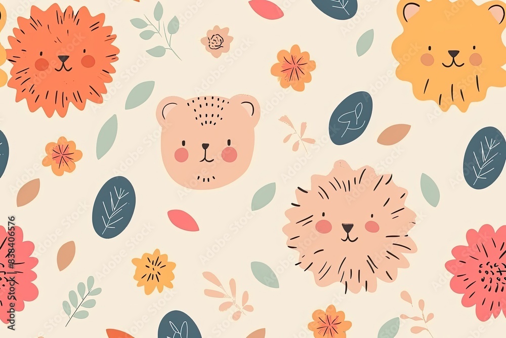 Aufkleber a pattern of animals and flowers, a pattern with animals and flowers, cute background with adorable 