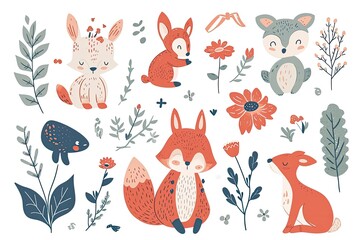 a group of animals and birds in a forest, a card with animals and plants, Adorable vector illustration with cute animals, flowers, and joyful elements