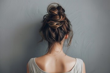 Back view of a girl head with hair in a messy bun hairstyle and simple top