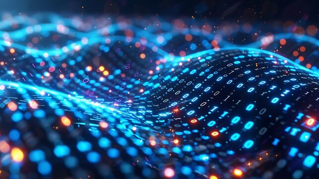Dynamic digital landscape with flowing data streams, binary code, and vibrant colors depicting technology, innovation, and connectivity. 3D Illustration.