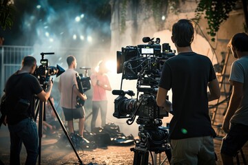 a camera is being used to film a crowd, a camera is being used to film a crowd, film crew capturing scenes on a movie set