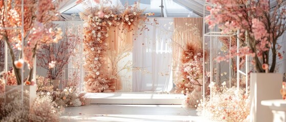 A bridal expo featuring a stage adorned with delicate, soft floral decorations, set against a sleek, futuristic backdrop
