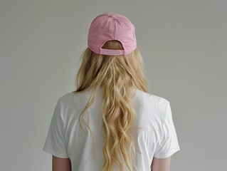 Back view of a woman wearing a pink baseball cap, long blonde hair and white t-shirt