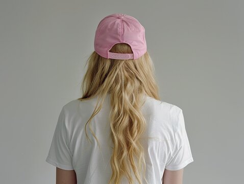 Back view of a woman wearing a pink baseball cap, long blonde hair and white t-shirt