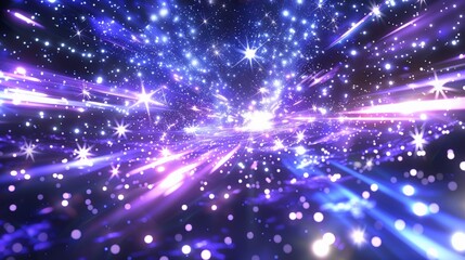 Abstract Cosmic Background with Sparkling Stars, Glowing Lights, and Bright Streaks of Light in a Purple and Blue Color Palette