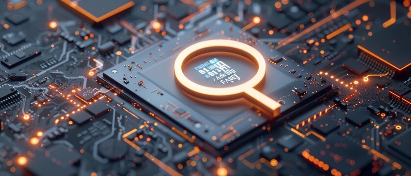 A detailed 3D render depicting a magnifier symbol on a microchip