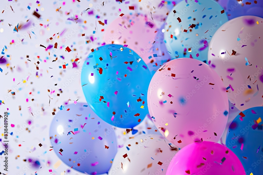 Poster a bunch of balloons with confetti falling from them, a bunch of balloons with confetti falling from them, lively birthday scene with balloons and joyful confetti
