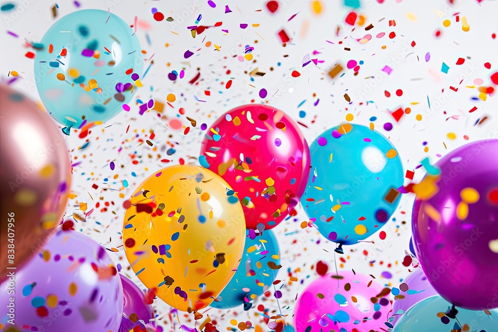 Poster a bunch of balloons with confetti falling from them, a bunch of balloons with confetti falling from them, lively birthday scene with balloons and joyful confetti