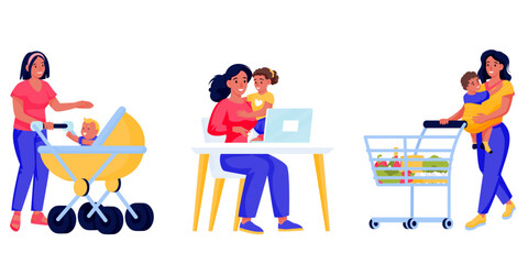 Mother, kids and baby set isolated on white background. Vector flat cartoon characters illustration. Women do shopping, work at home on laptop and walk with stroller