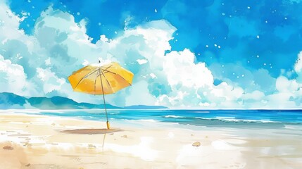 A Watercolor Painting of a Beach Scene With a Yellow Umbrella Under a Blue Sky with White Clouds