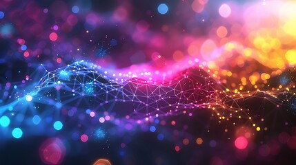 Fototapeta premium Vivid abstract background of colorful particles and dynamic light patterns forming an intricate network of connections and shapes. 3D Illustration.