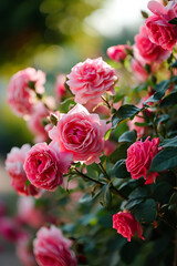 Natural isolated background in a botanical garden ,Pink rose garden ,Beautiful pink roses in the garden ,rose bush flowers in garden during blossoming period