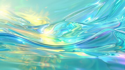 Abstract iridescent background with flowing liquid-like texture and vivid colors in turquoise, blue, yellow, and green hues