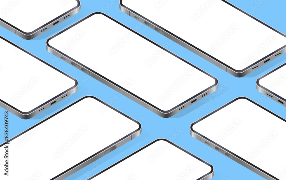 Poster Isometric mobile phone vector mockup - Group of many smartphones with empty white blank screens neatly organised in various angles top down perspective view on blue background