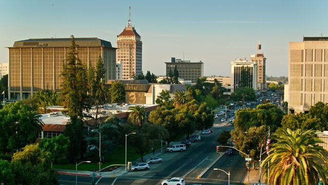 4K Ultra HD Drone Shot of Morning Sunlight on Downtown Buildings in Fresno, California