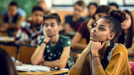 Students sit in the lecture hall, listening to the lecture. A portrait of focused and interested students in the classroom during the lecture.