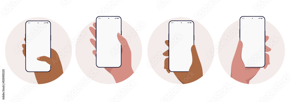 Leinwandbilder hand holding phone vector mockups - template illustration of mobile phones in oval frames with diver