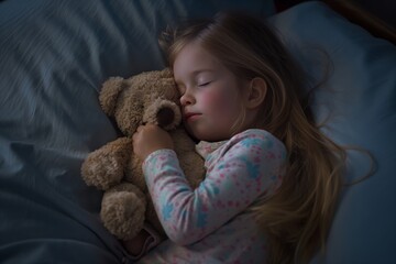 A girl sleeping in bed with her teddy bear