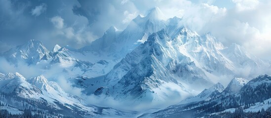 Obraz premium view of snow mountain peaks in winter landscape